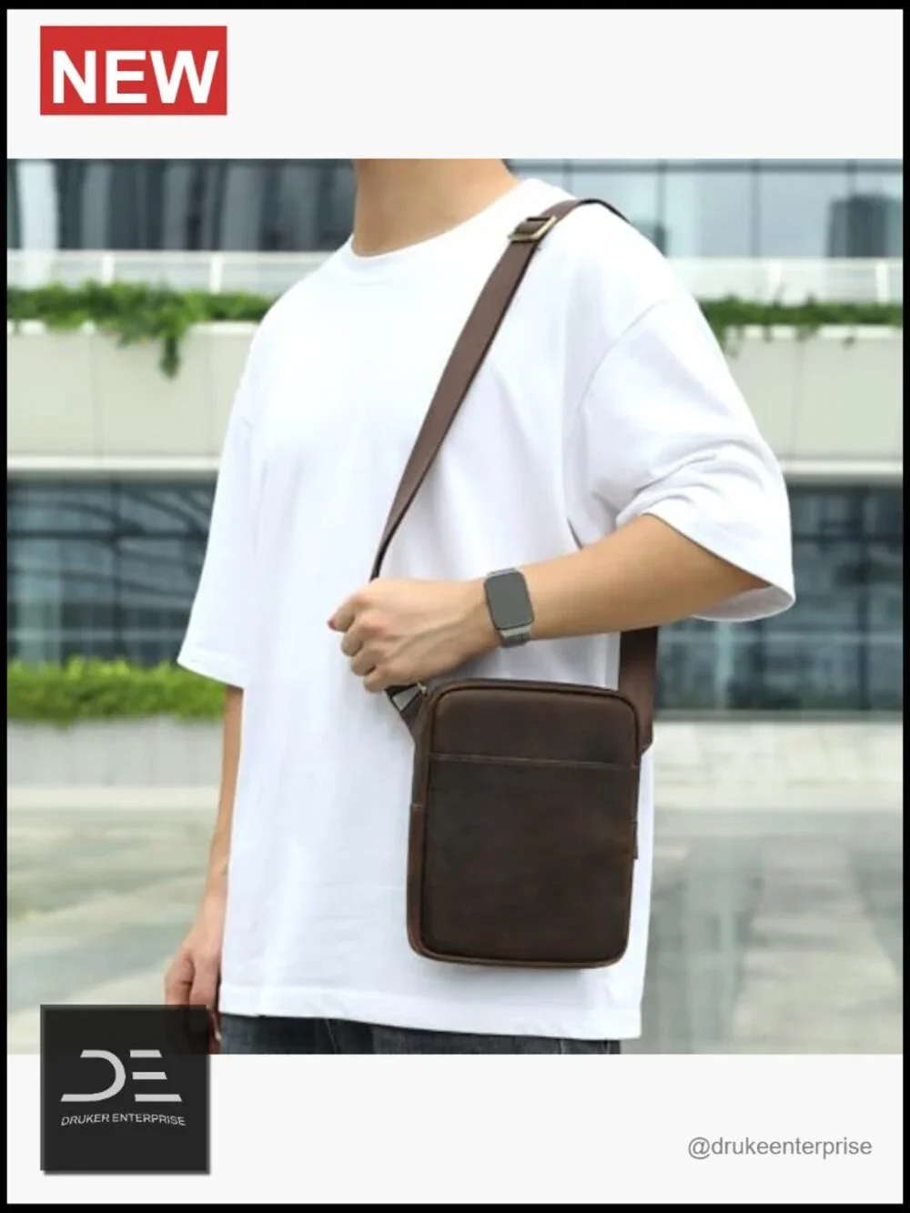Mini Genuine Leather Messenger Shoulder Bag for Men with Multiple Zipper Pockets